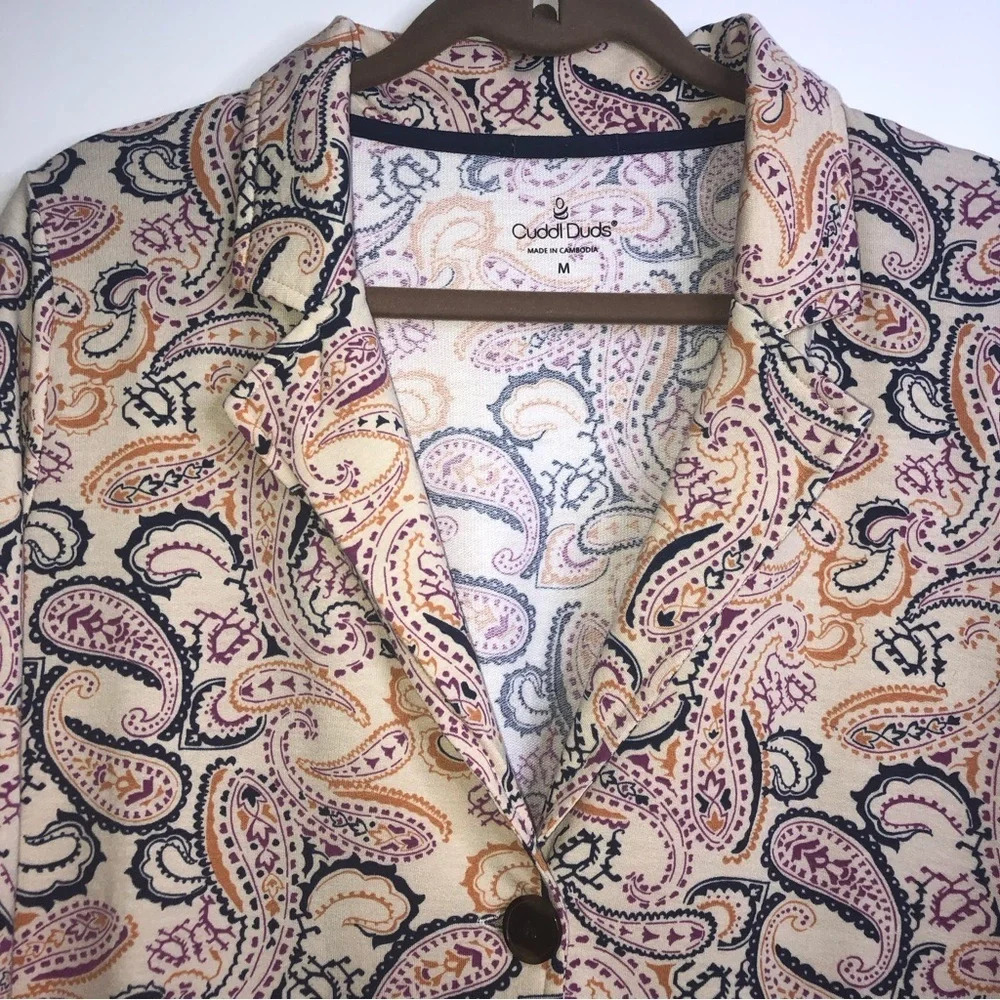 Cuddl Duds Paisley  Blazer Ochre Blue Pink Orange M Soft Pockets - Picture 5 of 9